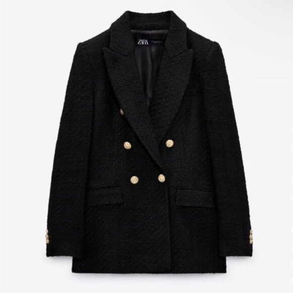 Zara Black Tweed Double-Breasted Blazer - Picture 2 of 12